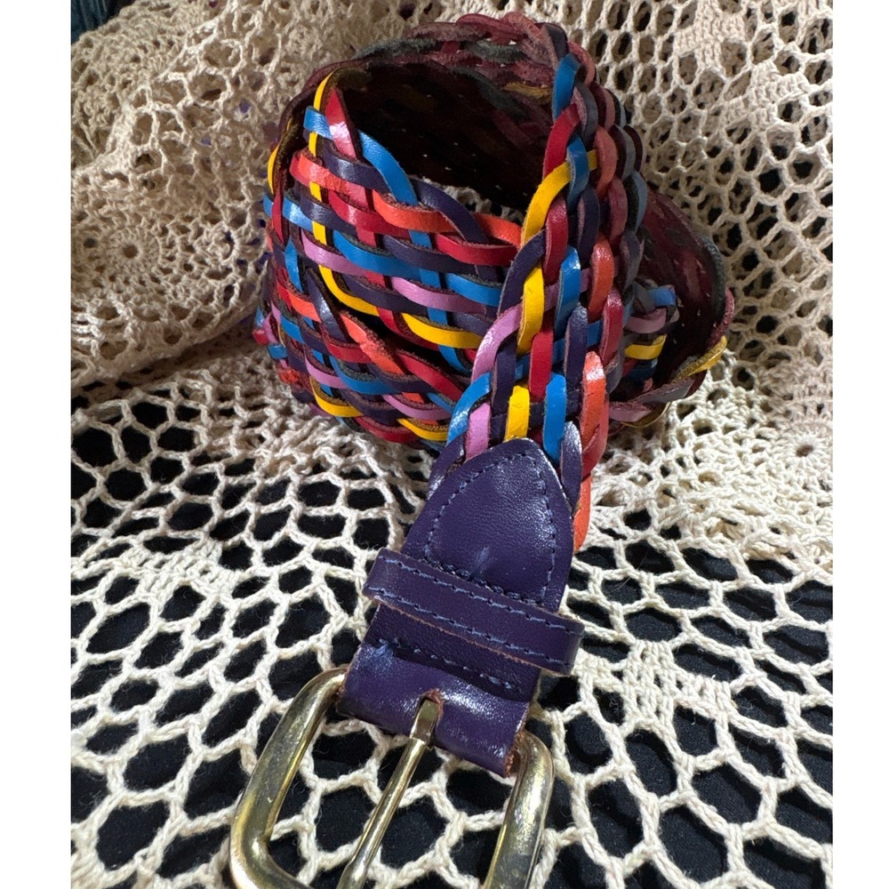 Vintage Multicolor Braided Leather Belt Womens‎ M L Purple Red Yellow Y2K